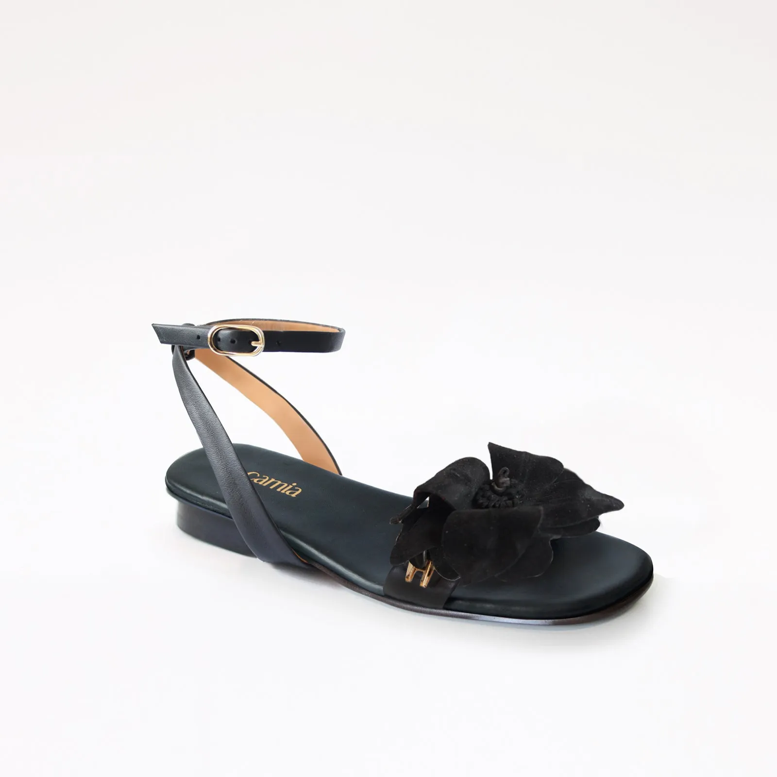 Black Flat Swap Sandal Charcoal Camia Flower Blue Flat Shoes