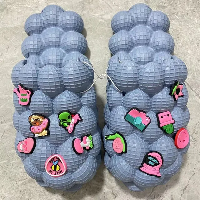 Leather Soled Knitted Slippers Richy PUFFS Ball Slippers SKY BLUE "PLAIN" W/ Charms