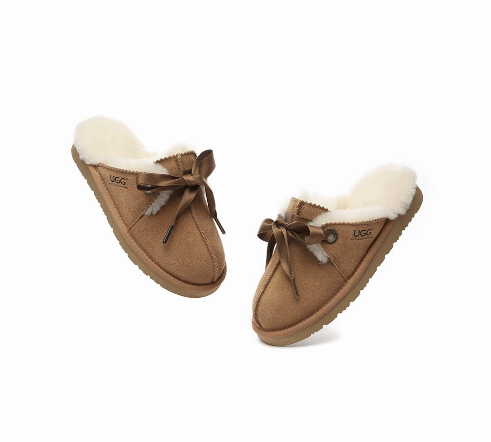 Koala Bear Slippers AUSTRALIAN SHEPHERD UGG Slippers Women Sheepskin Wool Adjustable Ribbon Bow Ruby