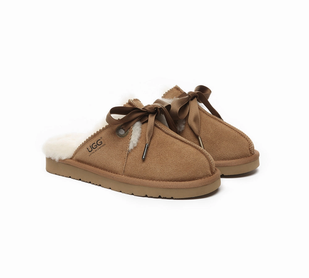 AUSTRALIAN SHEPHERD UGG Slippers Women Sheepskin Wool Adjustable Ribbon Bow Ruby Nut Slippers