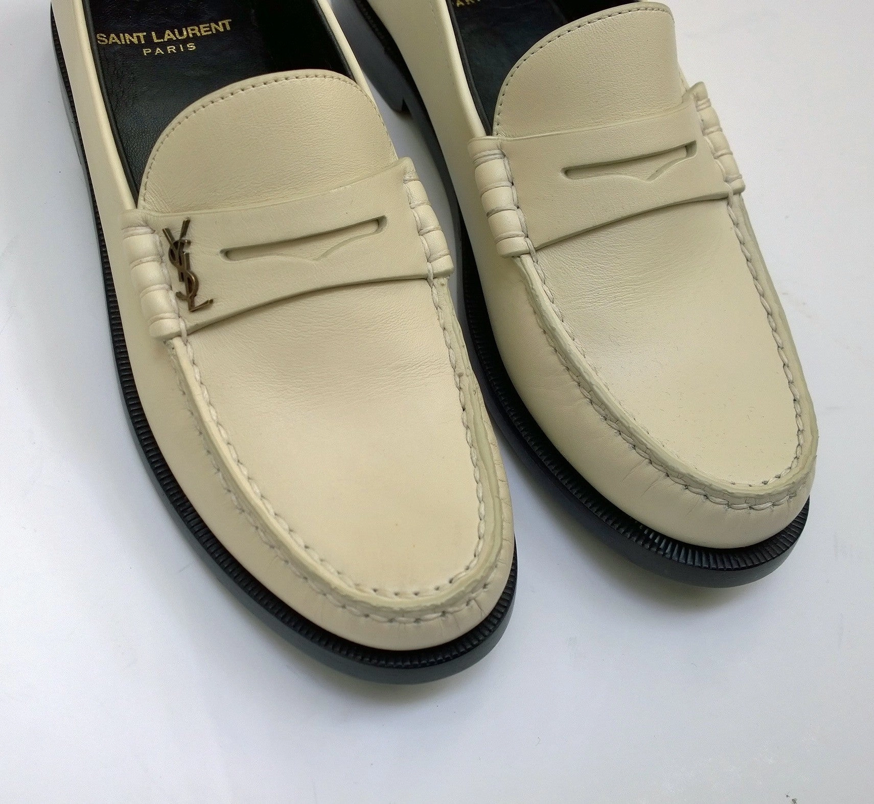 Loafers With Pants Saint Laurent Le Leather YSL Penny Loafer in Cream New in Box Slight Damage