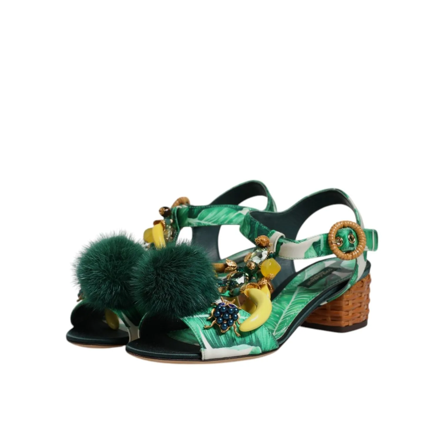 Dolce & Gabbana Green Crystal Fur Embellished Sandals Shoes Sandals Jc Penney