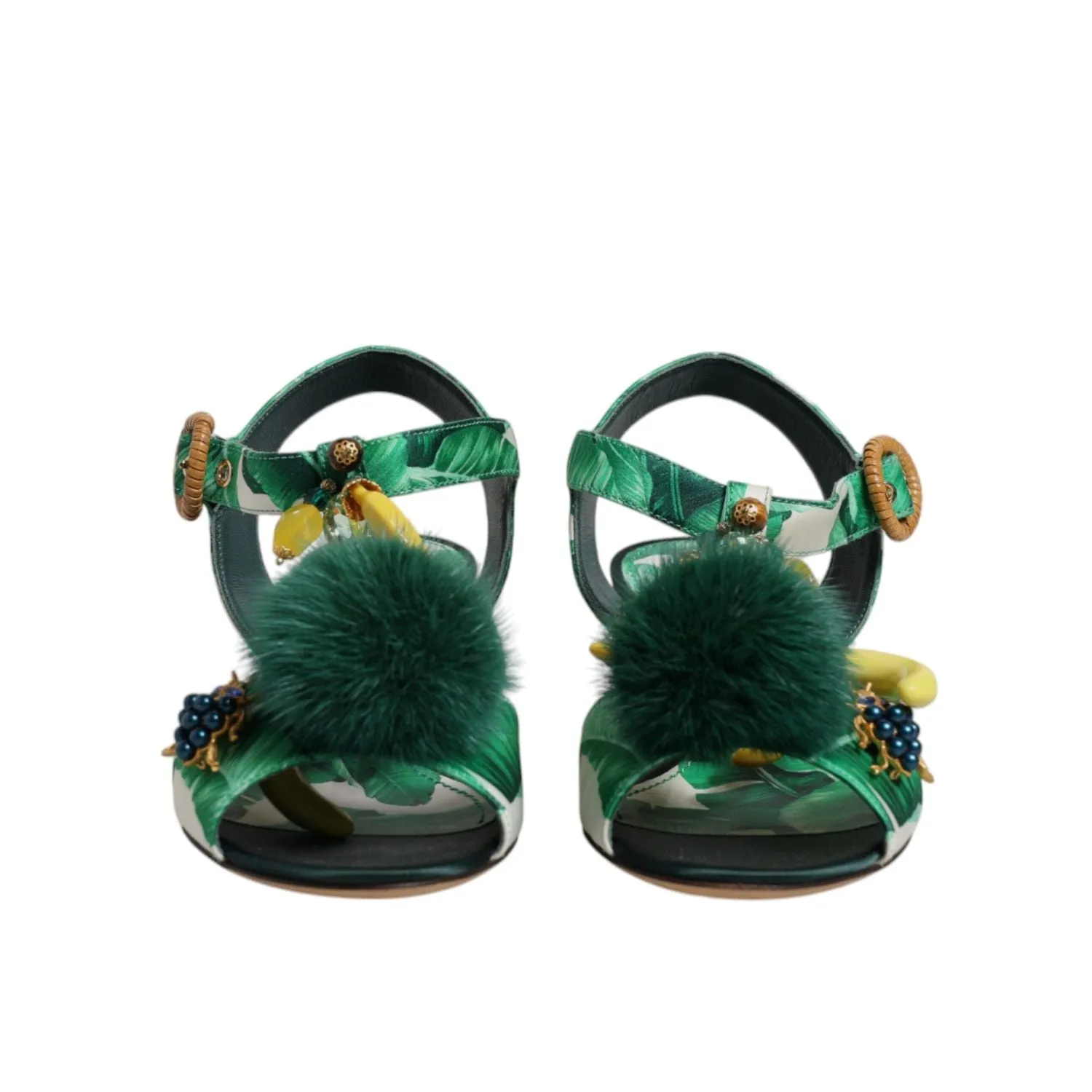 Dolce & Gabbana Green Crystal Fur Embellished Sandals Shoes Stitching Sandals