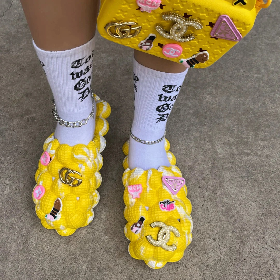 Slippers With Removable Bottoms Richy PUFFS Ball Slippers YELLOW/WHT Tie Dye "PLAIN" W/ Charms