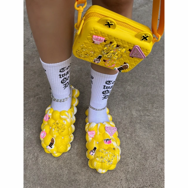 Crochet Boot Slippers Free Pattern Richy PUFFS Ball Slippers YELLOW/WHT Tie Dye "PLAIN" W/ Charms