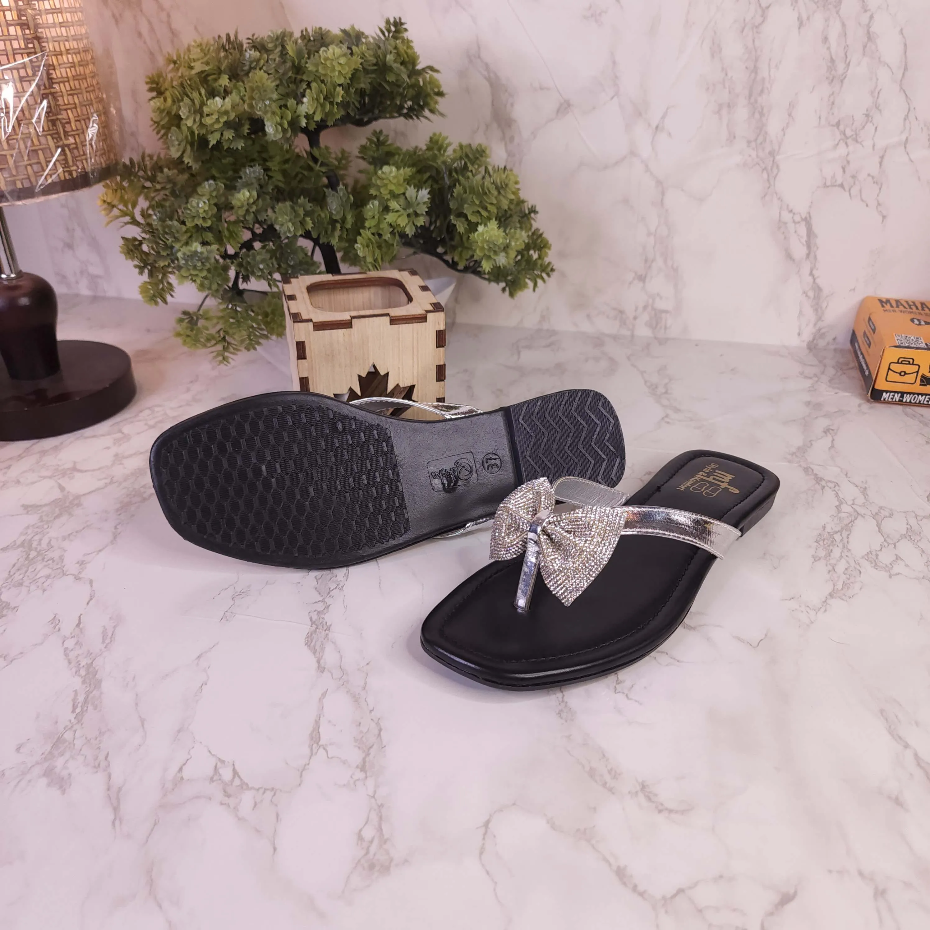 Slppers Shoes Silver Bow Slippers