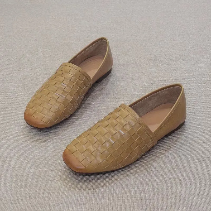 Slip-on Flat Cowhide Woven Leather Loafers Shoes Pointed Flats