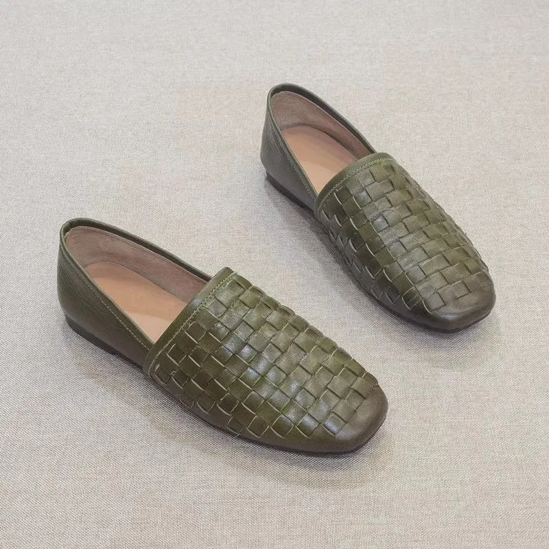 Slip-on Flat Cowhide Woven Leather Loafers Low Bar Squat Flat Shoes