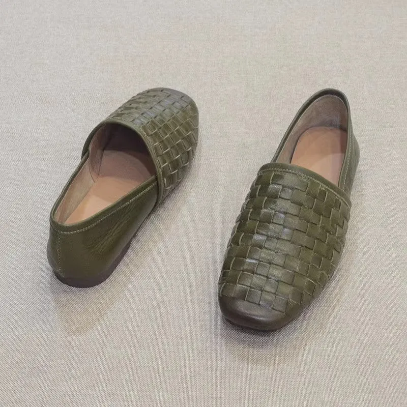 Slip-on Flat Cowhide Woven Leather Loafers Flat Driving Shoes