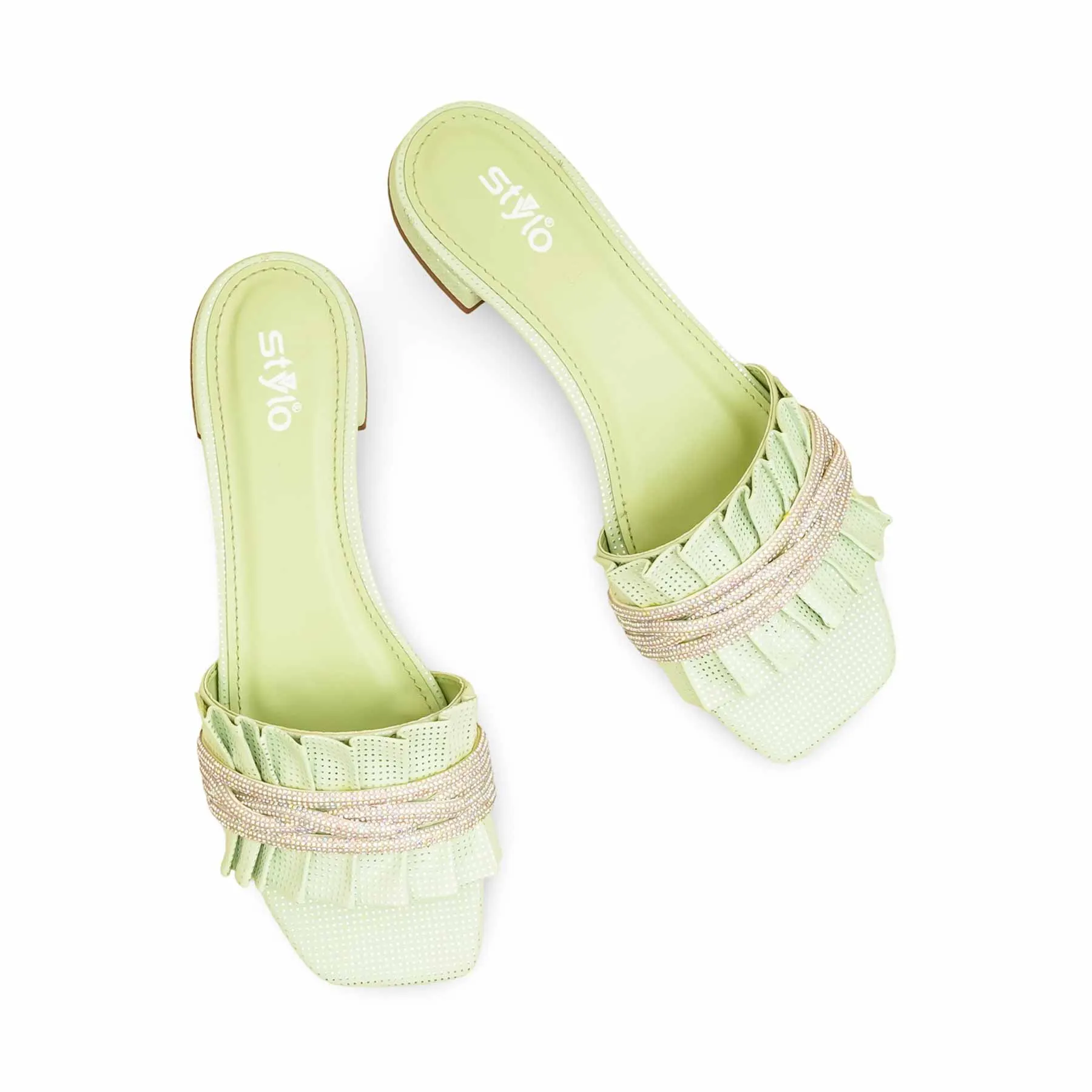 Fluffy Open Toe Slippers Green Formal Slipper For Women FRS010