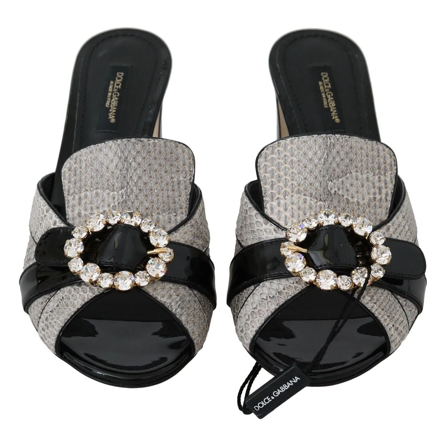 Dolce & Gabbana Black Gray Exotic Leather Crystals Sandals Shoes Fringed Sandals
