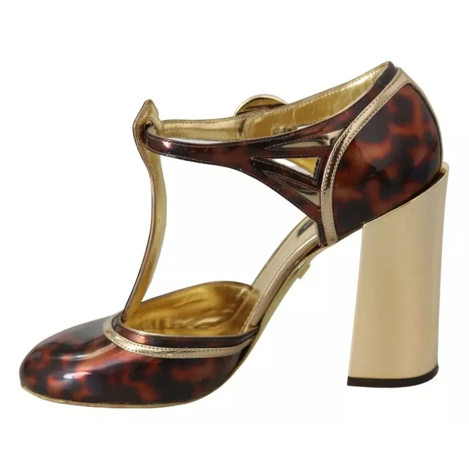 Dolce & Gabbana Gold Leopard T-strap Pumps Sandals Shoes Peep Toe Flat Sandals