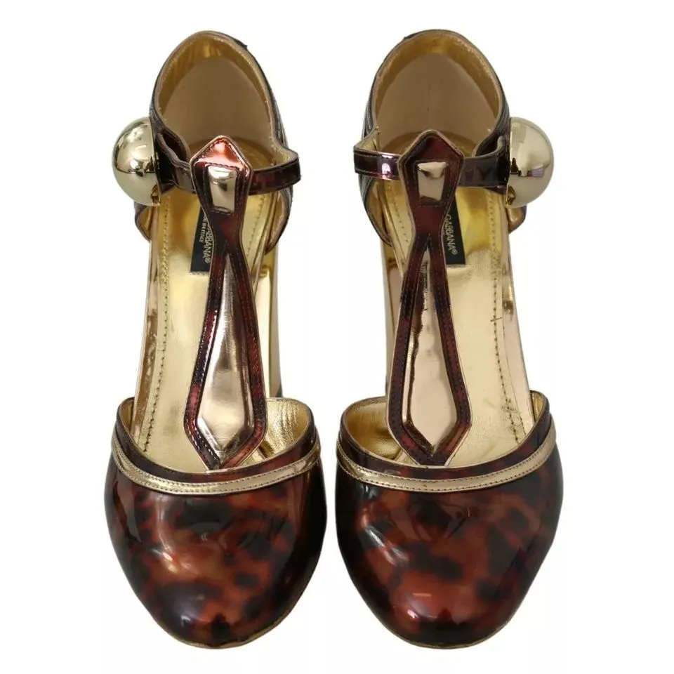 Dolce & Gabbana Gold Leopard T-strap Pumps Sandals Shoes Embroidered Sandals