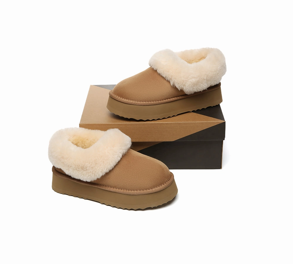 Cosy Knit Slippers AUSTRALIAN SHEPHERD UGG Slippers Women Sheepskin Wool Collar Ankle Platform Clarrie