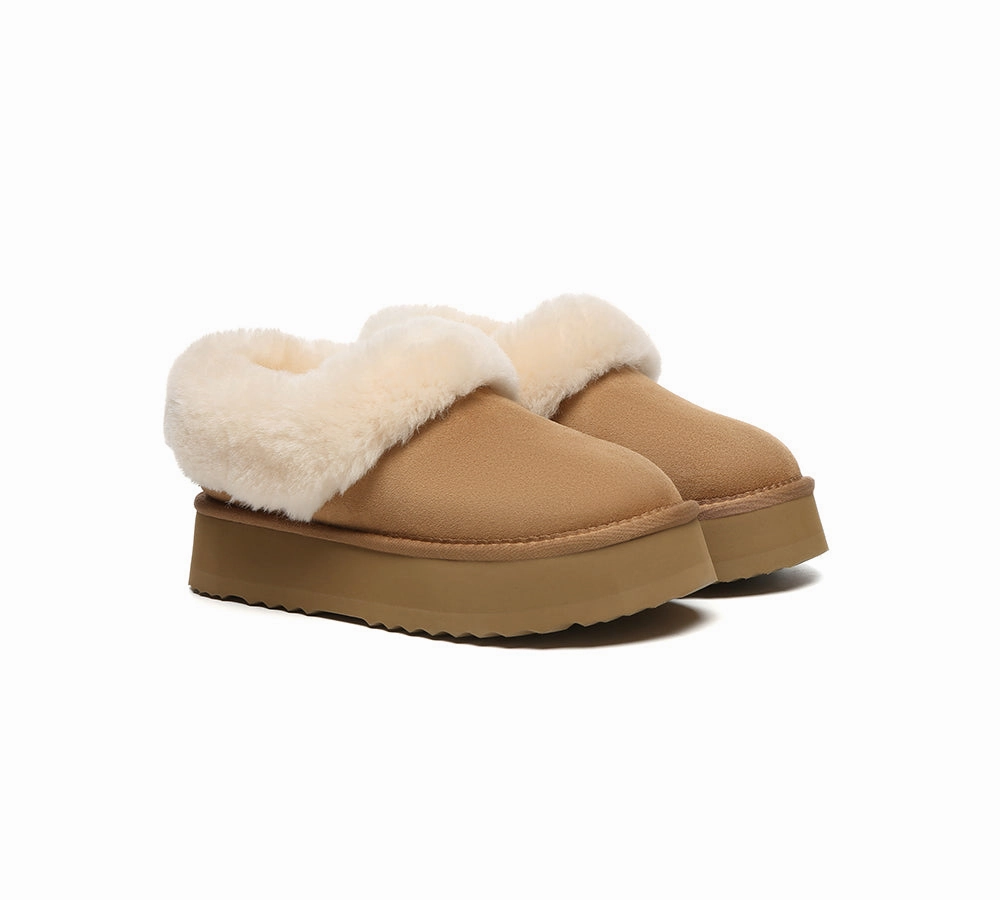 AUSTRALIAN SHEPHERD UGG Slippers Women Sheepskin Wool Collar Ankle Platform Clarrie Leopard Print Ballet Slippers