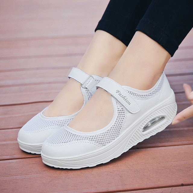 Summer Women Flat Platform Shoes Woman Casual Mesh Breathable Slip On Fabric Sneakers Shoes For Women Female Mary Jane Shoe Forest Green Flat Shoes