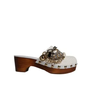 Dolce & Gabbana White Raffia Clogs Bejeweled Chain Sandals Shoes Malibu Sandals