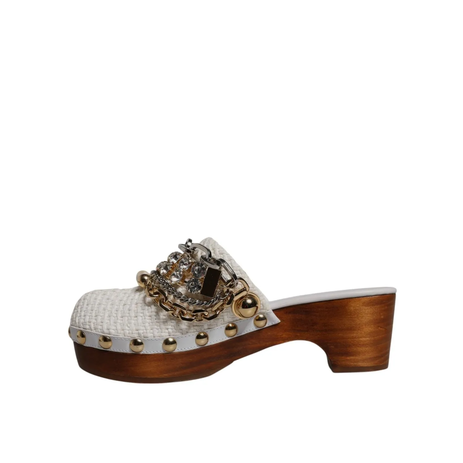 Wide Sandals Dolce & Gabbana White Raffia Clogs Bejeweled Chain Sandals Shoes