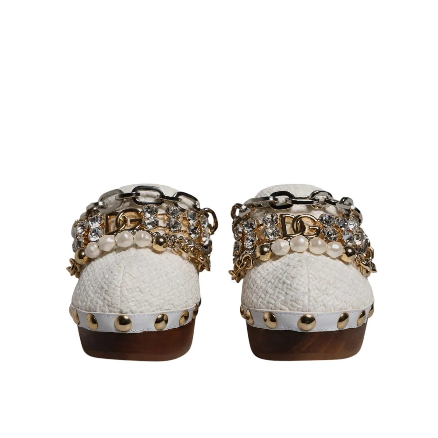 Dolce & Gabbana White Raffia Clogs Bejeweled Chain Sandals Shoes Burlington Sandals