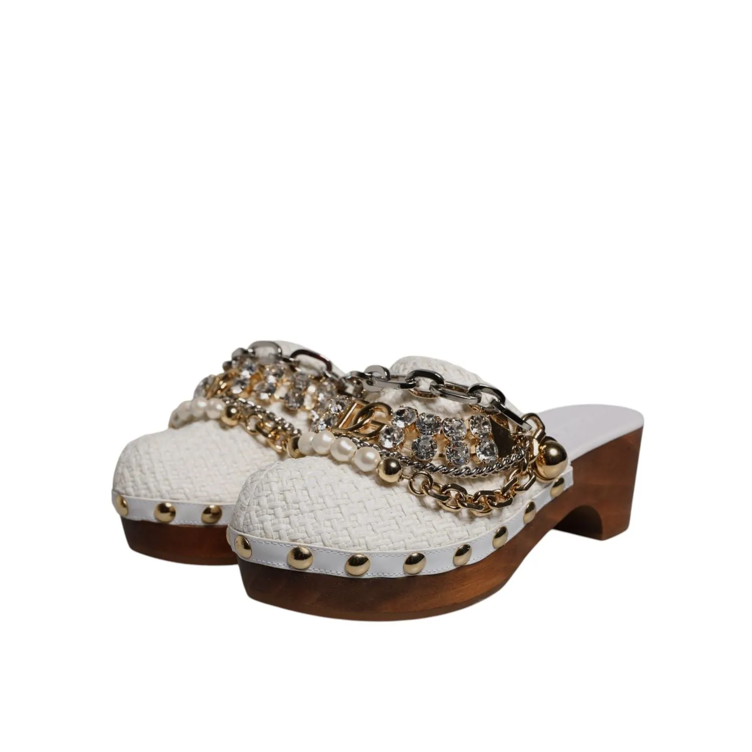 Plaka Sandals Dolce & Gabbana White Raffia Clogs Bejeweled Chain Sandals Shoes