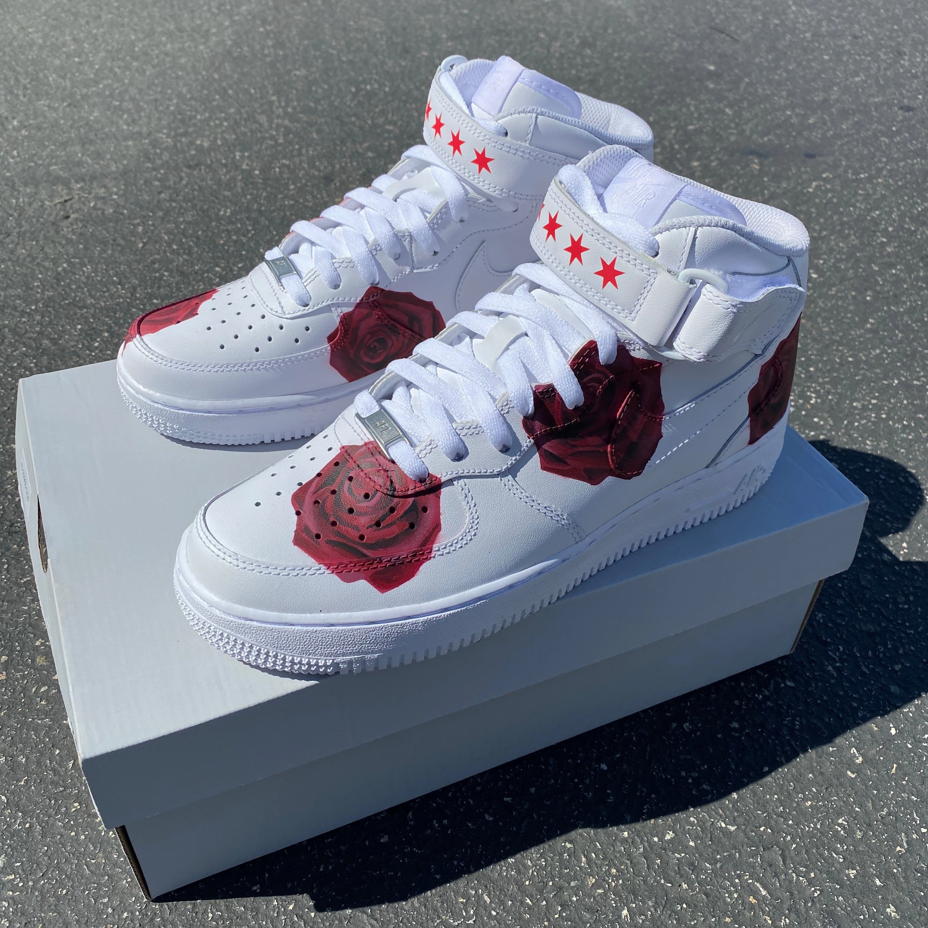 Custom Hand Painted Red Rose Nike Air Force 1 Mid Asics Upcourt 3 Badminton Shoes