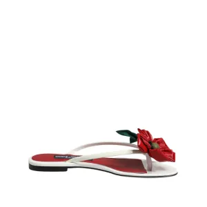 Ankle Strap Sandals Low Heel Dolce & Gabbana Red White KEIRA Flower Leather Sandals Shoes