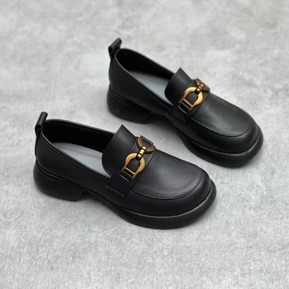 Penny Loafers With Heels Leather Round Toe Comfortable Loafers Shoes