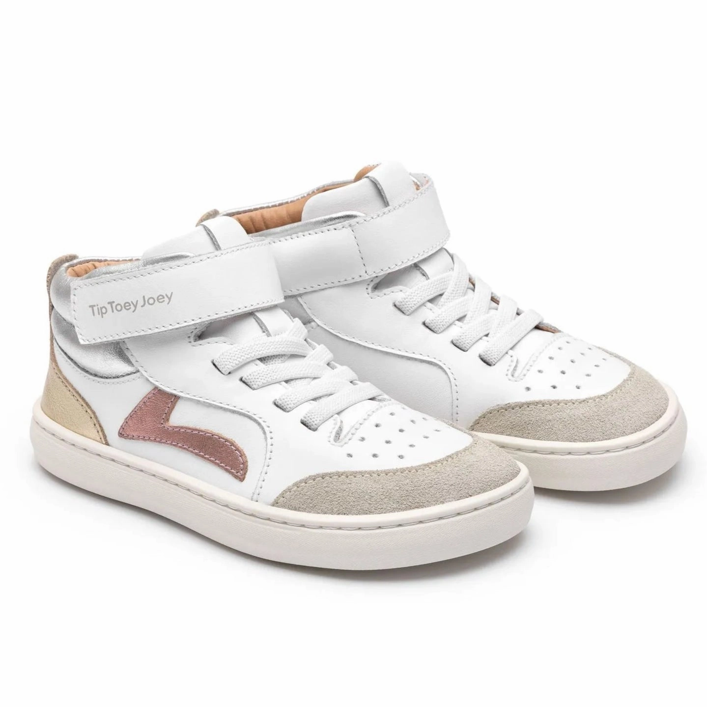 Tip Toey Joey Girl's Landy High-Top Sneakers - White / Rose Gold / Sterling Silver Flat Elegant Shoes