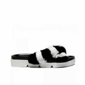 Stuart Weitzman Black Fur Slippers Dino Feet Slippers