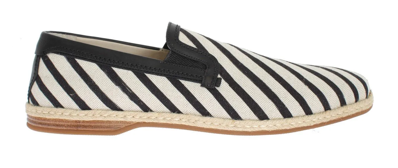 White Black Canvas Striped Logo Loafers Ladies Platform Loafers