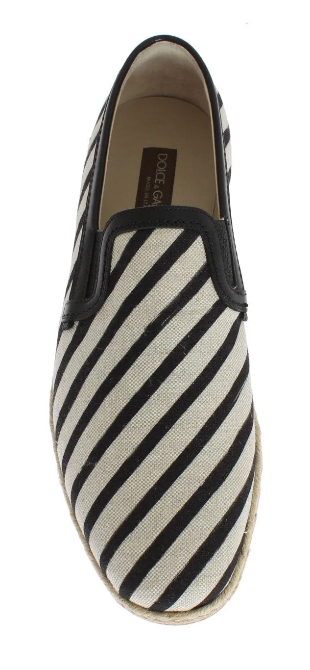Block Loafers White Black Canvas Striped Logo Loafers