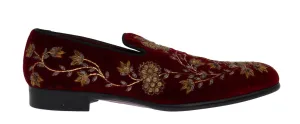 Narrow Loafers Bordeaux Velvet Gold Floral Loafers