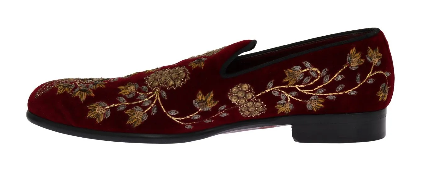 Bordeaux Velvet Gold Floral Loafers Church's Shoes Loafers