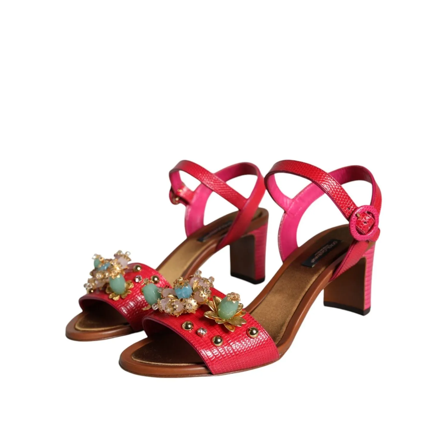 Dolce & Gabbana Fuchsia Leather Embellished Keira Sandals Shoes Sandals Resort Island