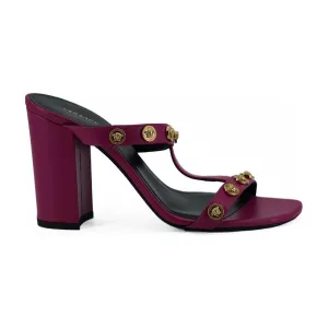 Versace Elegant Purple Calf Leather High Sandals Satin Sandals