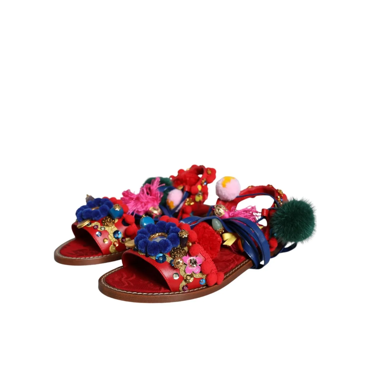 Dolce & Gabbana Multicolor Pom Pom Fur Wrap Sandals Shoes Flat Shoes No Heel