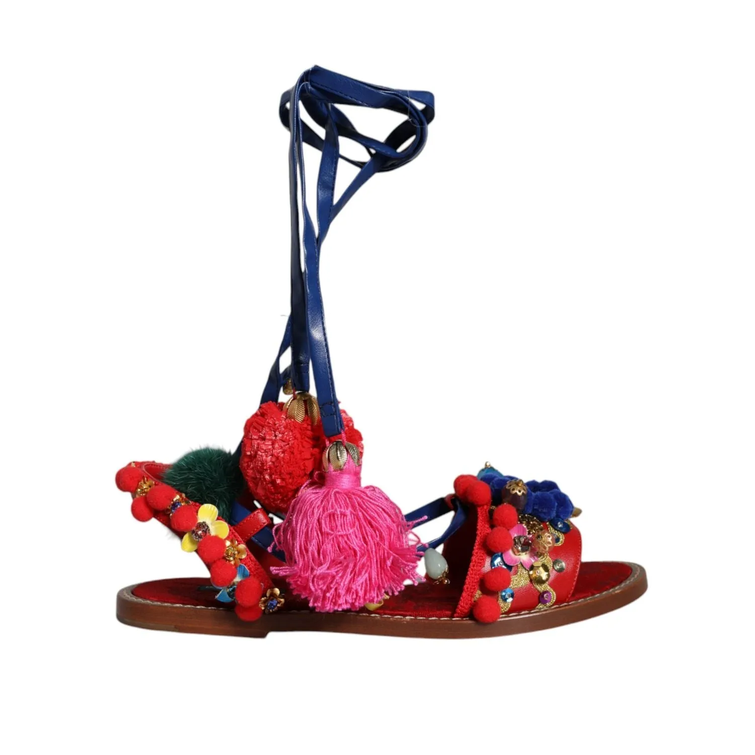 Dolce & Gabbana Multicolor Pom Pom Fur Wrap Sandals Shoes Flats Jellypop Shoes