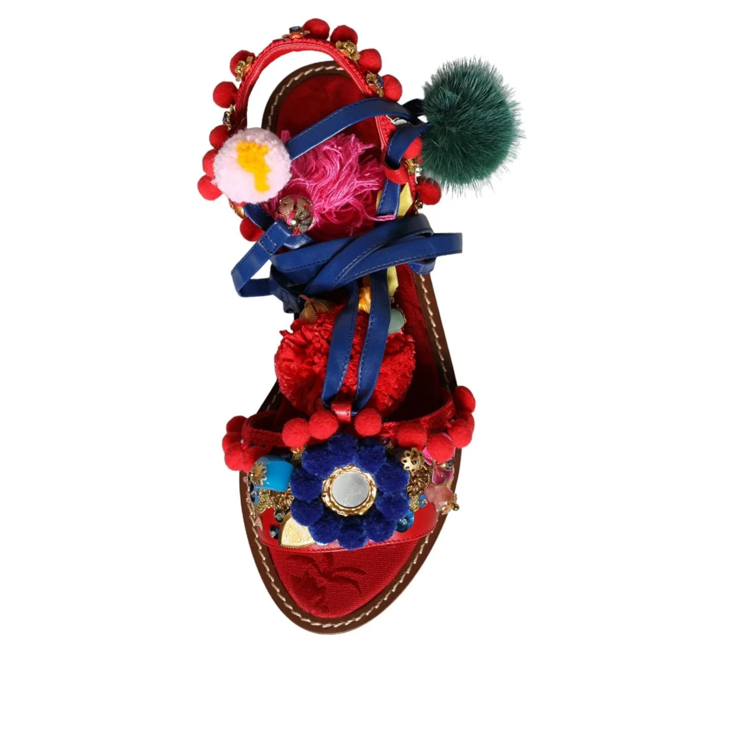 Flats Online Shoes Dolce & Gabbana Multicolor Pom Pom Fur Wrap Sandals Shoes