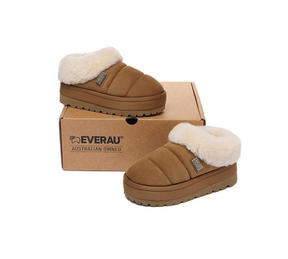 UGG EVERAU UGG Slippers Women Sheepskin Wool Collar Ankle Platform Ulrika Frog Slippers