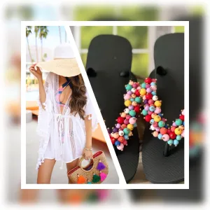 Handmade Colorful Flip Flop Woman Summer Sandal Vibrant Beaded Shoe to Feel Fun Bold Free Lightweight Flat Sole Unique Beachwear Look June Flip Flops