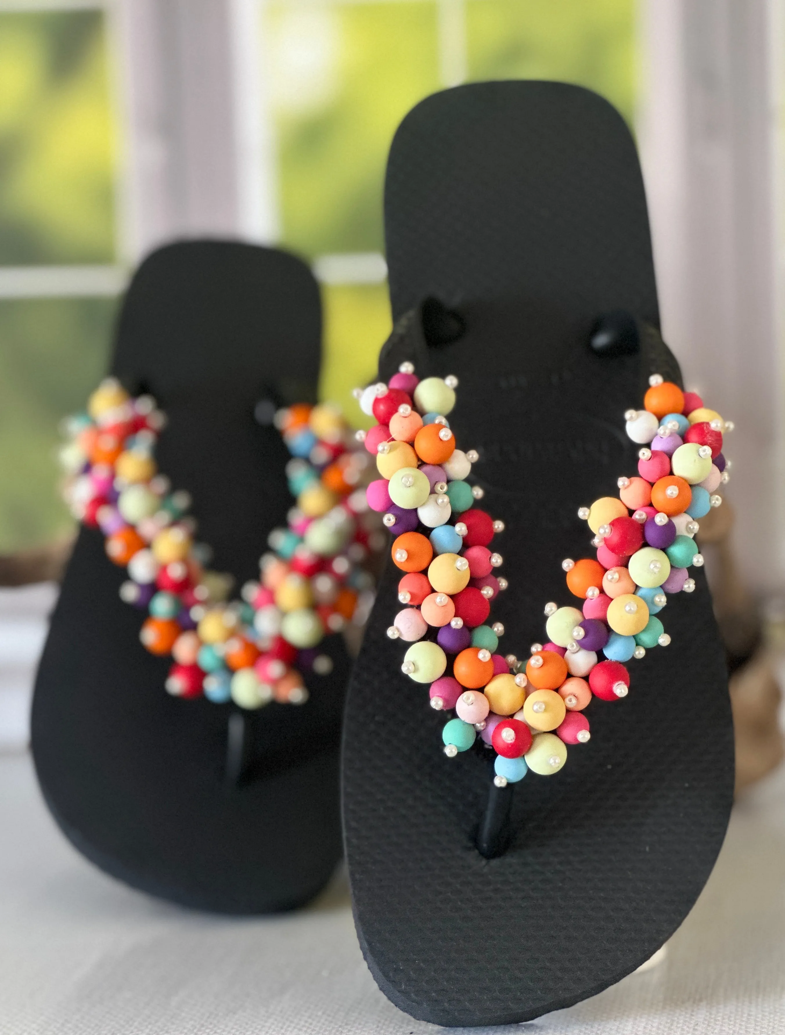 Handmade Colorful Flip Flop Woman Summer Sandal Vibrant Beaded Shoe to Feel Fun Bold Free Lightweight Flat Sole Unique Beachwear Look Asian Wooden Flip Flops