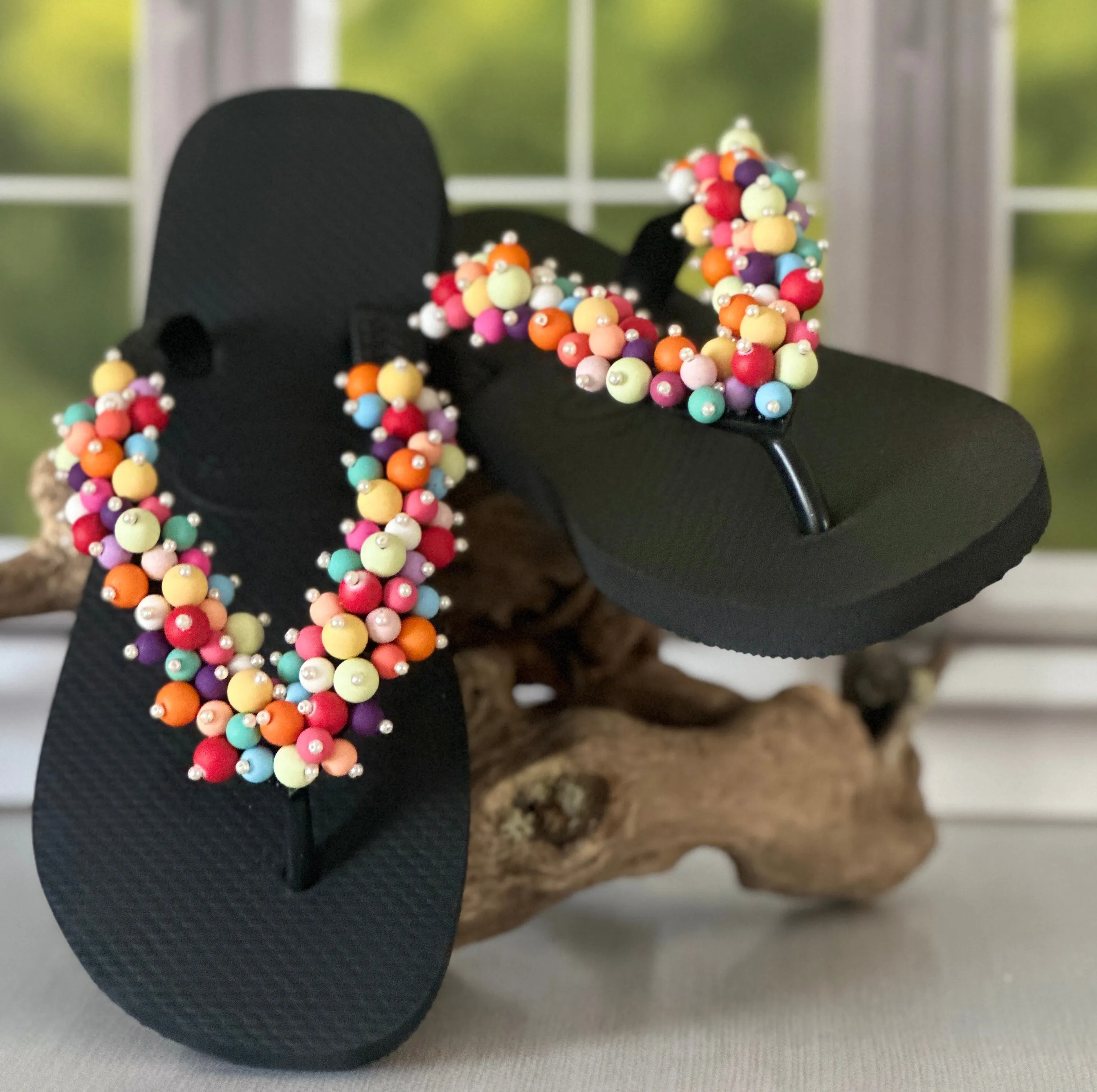 Relaxed Flip Flops Handmade Colorful Flip Flop Woman Summer Sandal Vibrant Beaded Shoe to Feel Fun Bold Free Lightweight Flat Sole Unique Beachwear Look