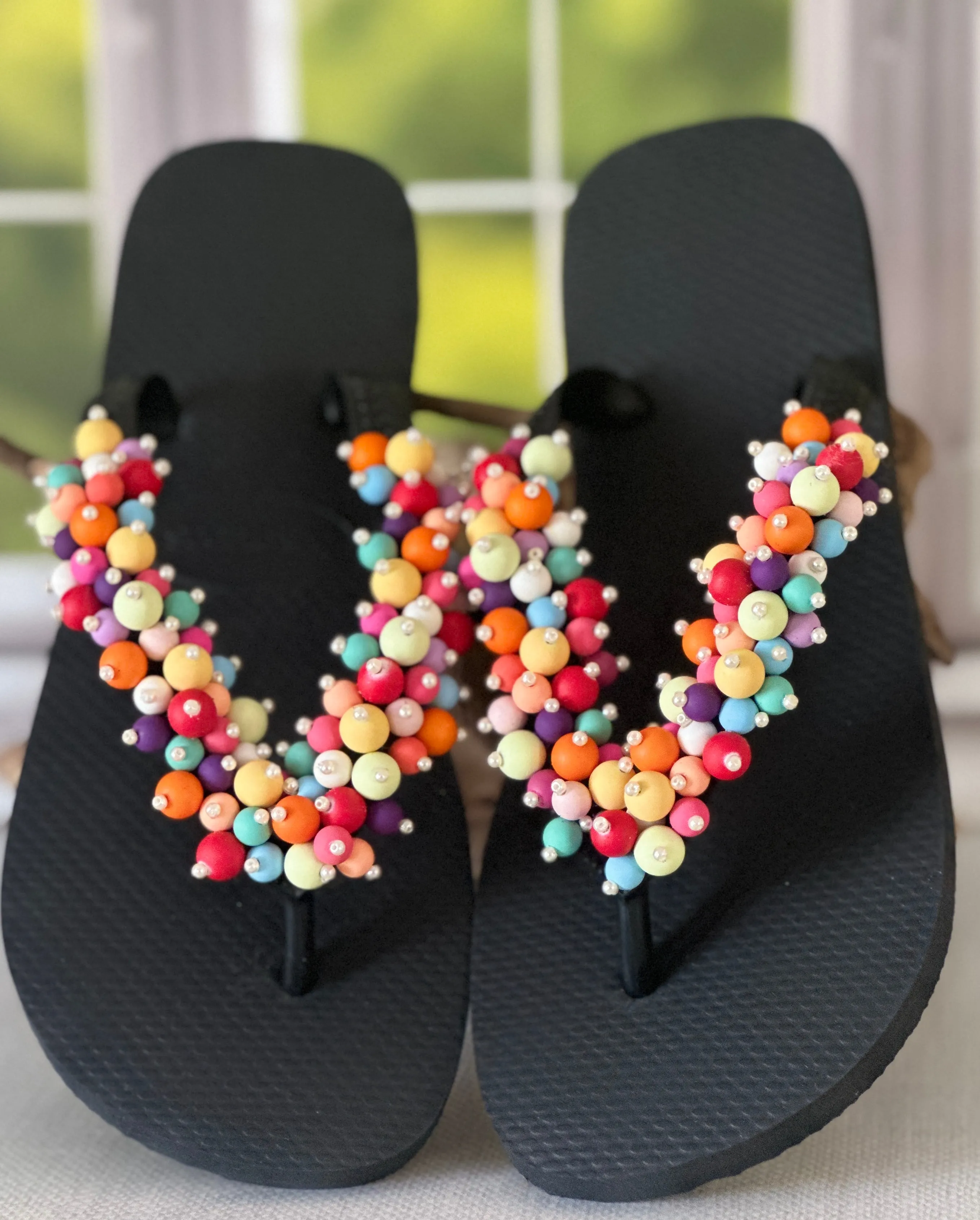 Breeze Sea Flip Flops Handmade Colorful Flip Flop Woman Summer Sandal Vibrant Beaded Shoe to Feel Fun Bold Free Lightweight Flat Sole Unique Beachwear Look