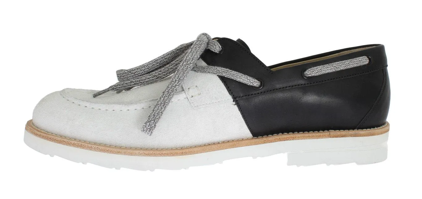 White Black Leather Shoes Loafers Rubber Horsebit