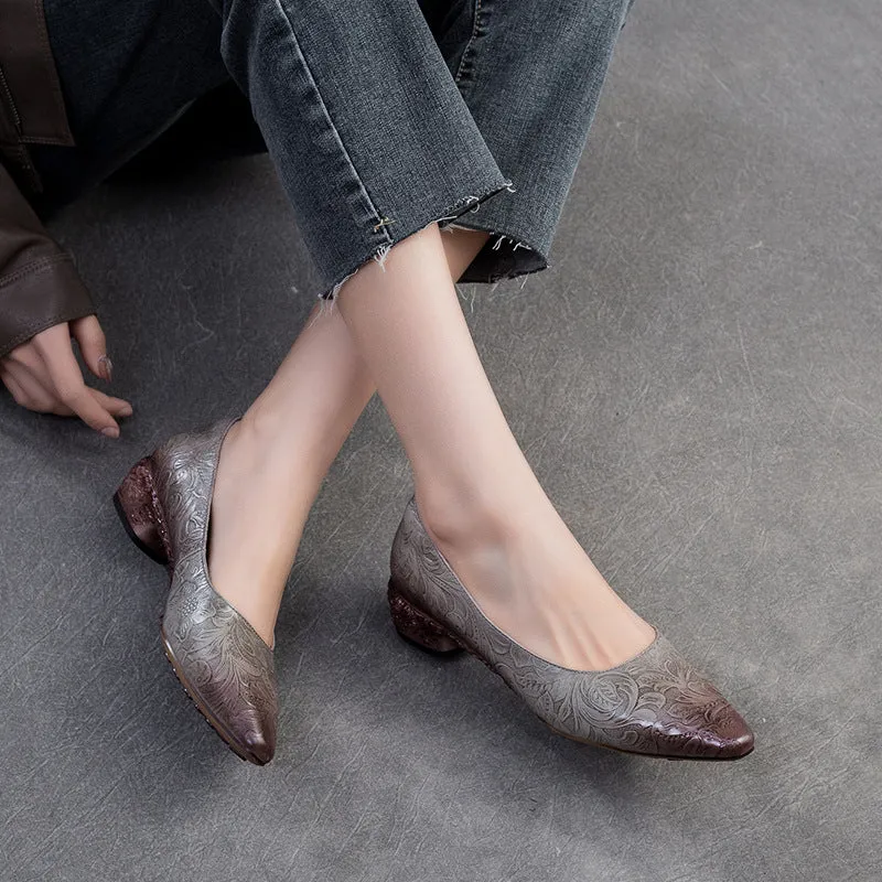 Women Retro Embossed Leather Chunky Heel Pumps Shoes Casual Summer Slip-on Shoes