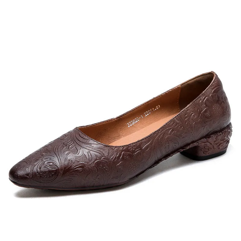 Extra Wide Casual Dress Shoes Women Retro Embossed Leather Chunky Heel Pumps Shoes