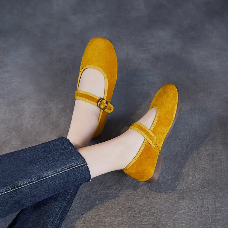 Women Retro Plain Suede Buckle Soft Flats Pointed Casual Shoes
