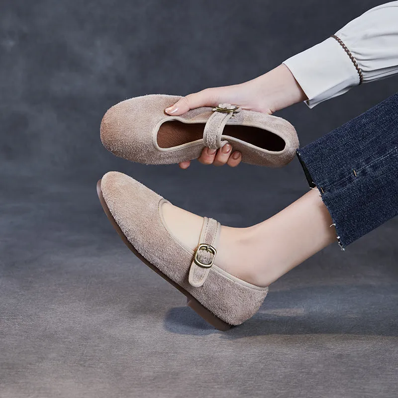 Casual Clip In Bike Shoes Women Retro Plain Suede Buckle Soft Flats