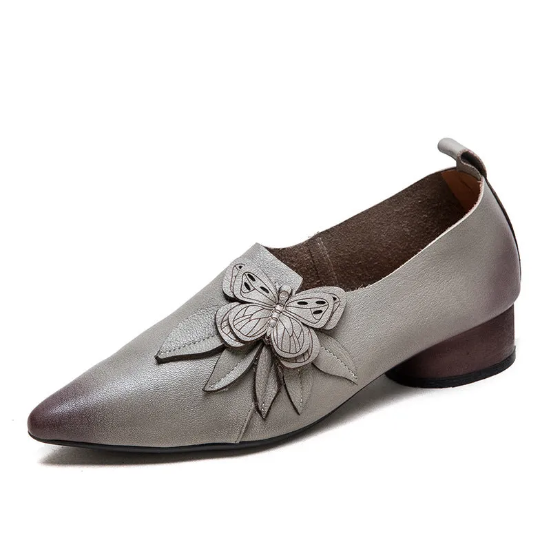 Women Retro Soft Leather Low Block Pumps Best Walking Casual Shoes