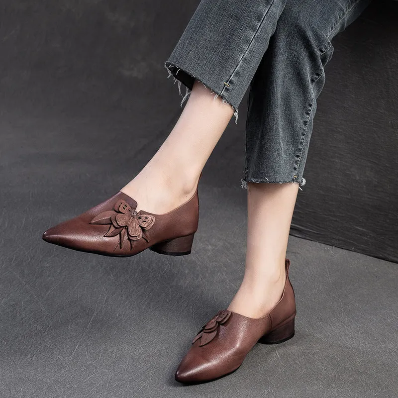 Women Retro Soft Leather Low Block Pumps Classic Cortez Leather Casual Shoe